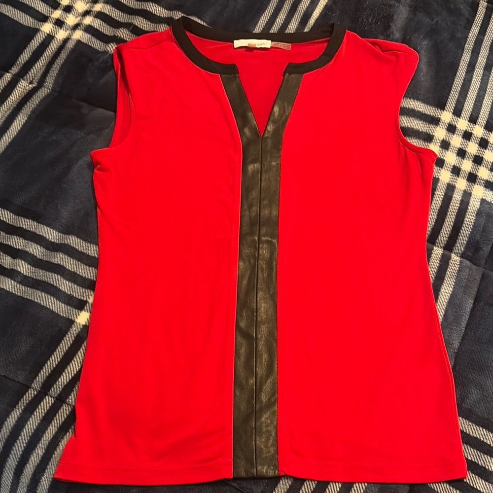 Red Sleeveless Top with Black Leather Trim